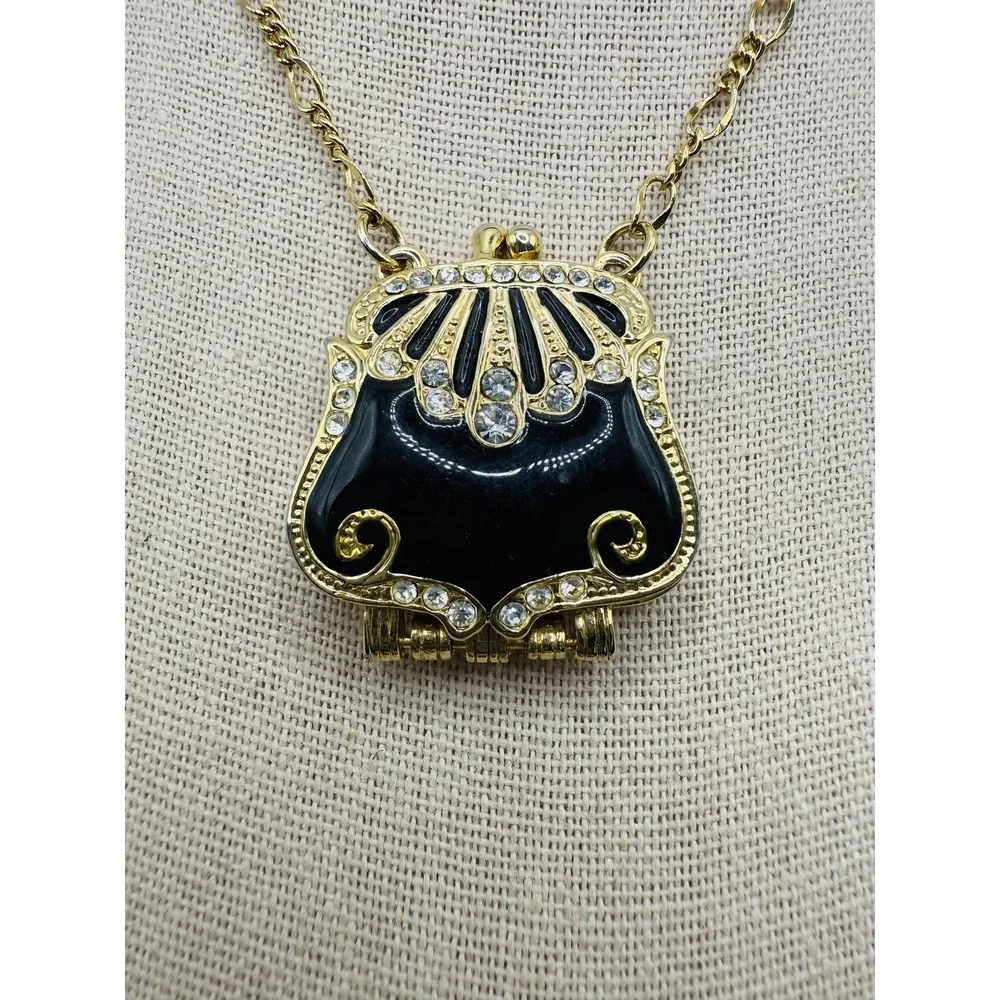 Gold Tone Purse‎ Locket Necklace Black Enamel Rhinestone Hinged Art Deco Style